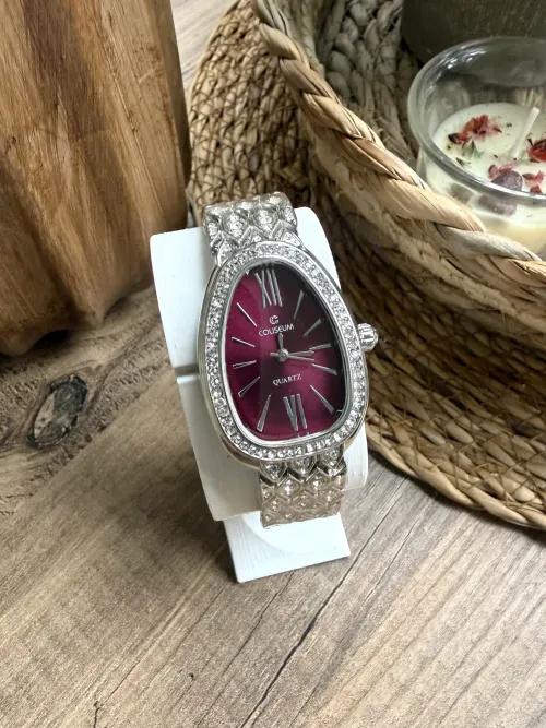 Vintage Taşlı Gümüş İçi Bordo Kadın Kol Saati