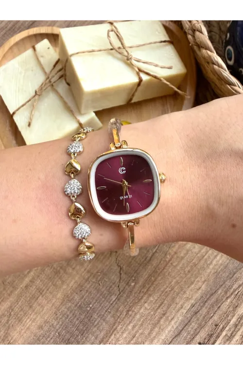 Vintage Kare Gold İçi Bordo Kadın Kol Saati