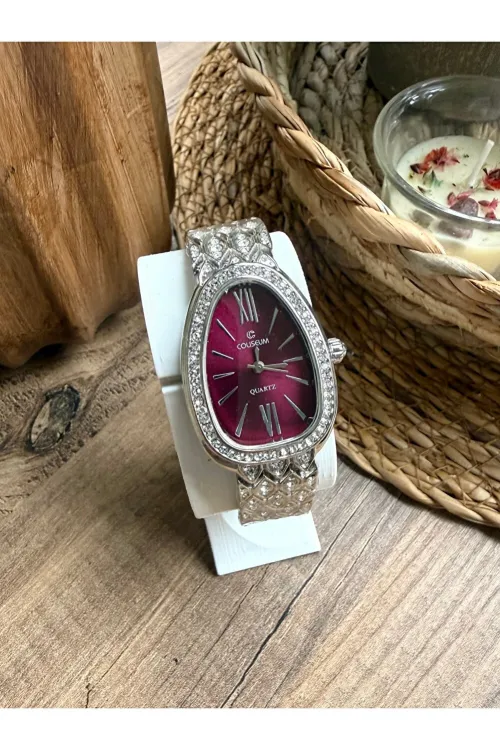 Vintage Taşlı Gümüş İçi Bordo Kadın Kol Saati