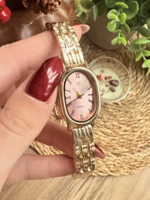 Oval Gümüş İçi Pembe Kadın Kol Saati
