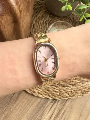 Oval Gümüş İçi Pembe Kadın Kol Saati