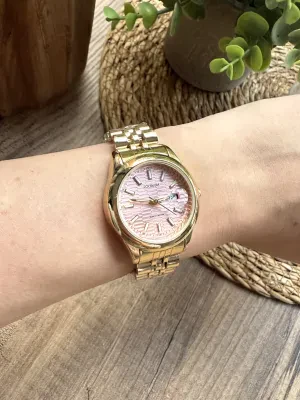 Yuvarlak Klasik Gold İçi Pembe Kadın Kol Saati