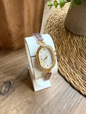 Vintage Kristal Kesme Taşlı Mor Kadın Kol Saati