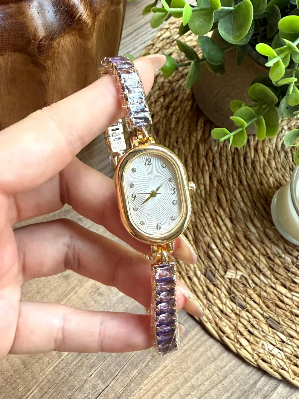 Vintage Kristal Kesme Taşlı Mor Kadın Kol Saati