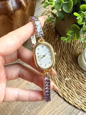 Vintage Kristal Kesme Taşlı Mor Kadın Kol Saati
