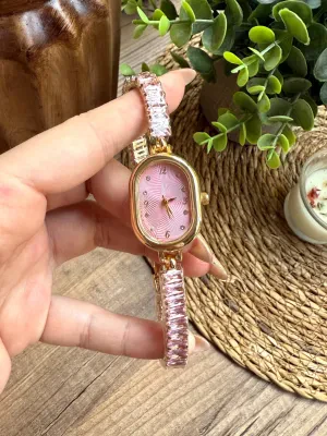 Vintage Kristal Kesme Taşlı Pembe Kadın Kol Saati