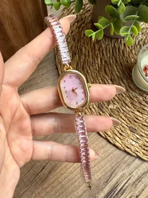 Vintage Kristal Kesme Taşlı Pembe Kadın Kol Saati