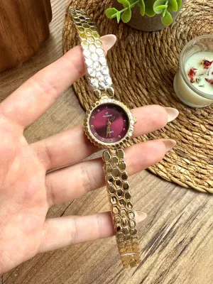 Vintage Yuvarlak Gold İçi Bordo Kadın Kol Saati