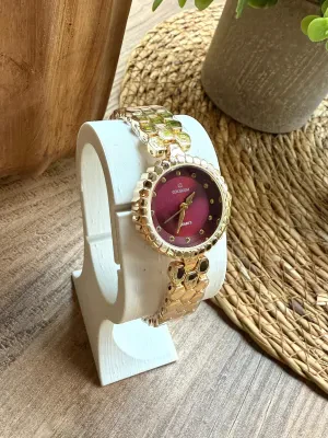 Vintage Yuvarlak Gold İçi Bordo Kadın Kol Saati