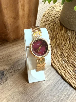 Vintage Yuvarlak Gold İçi Bordo Kadın Kol Saati
