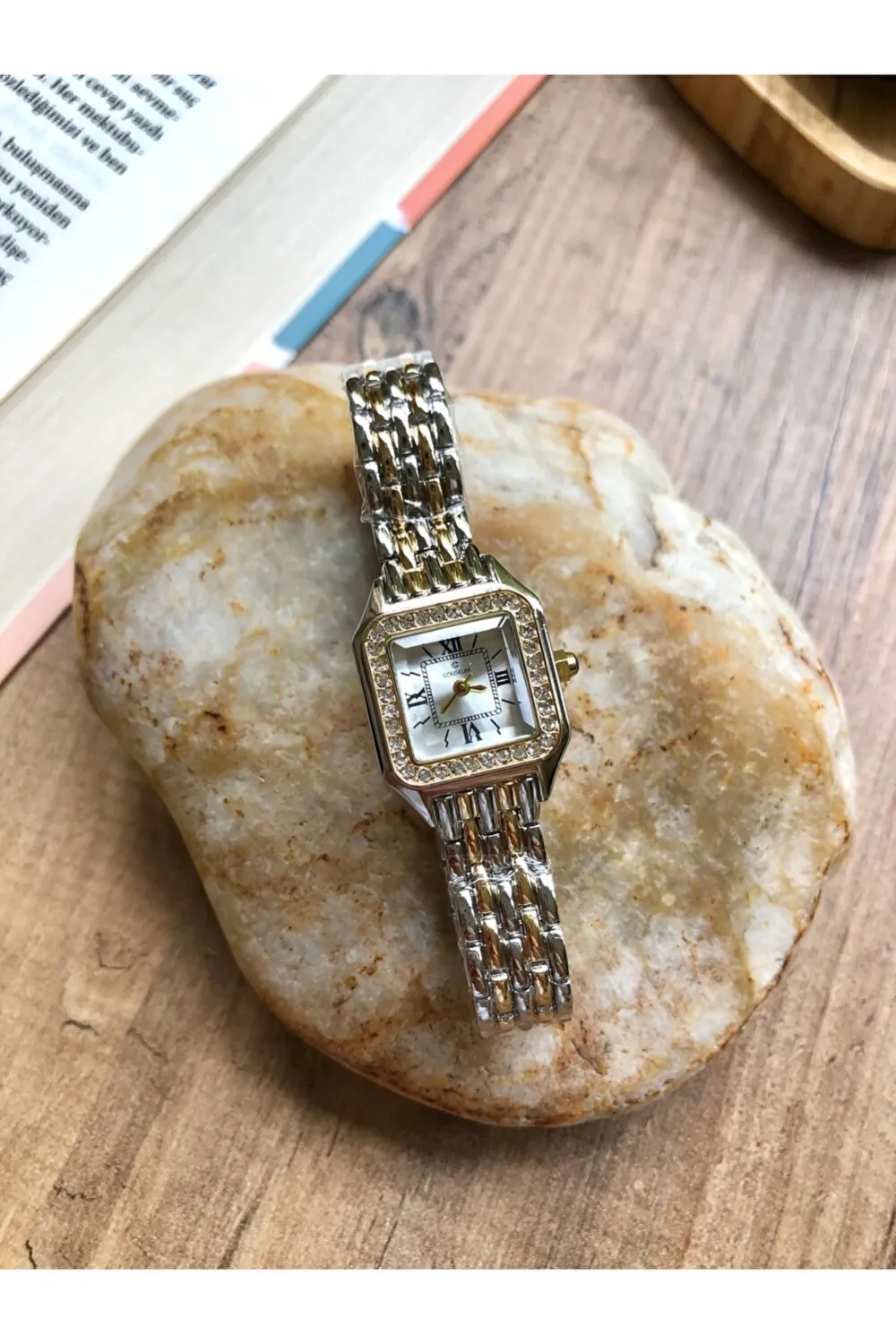 Retro Vintage Kare Roma Rakamlı Taşlı Gold-Gümüş Kadın Kol Saati — görsel 3