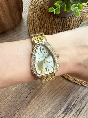 Üçgen Gümüş İçi Gold Tasarım Taşlı Kadın Kol Saati