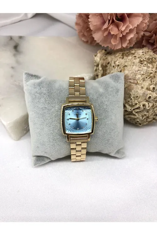 Kare Gold İçi Açık Mavi Kadın Kol Saati