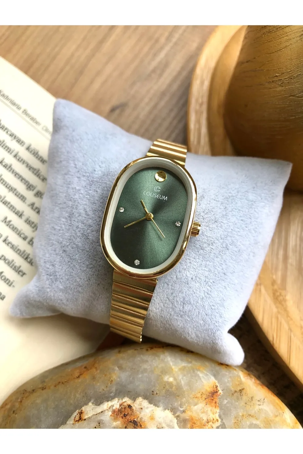 Vintage Taş Detaylı Gold İçi Yeşil Kadın Kol Saati — görsel 6