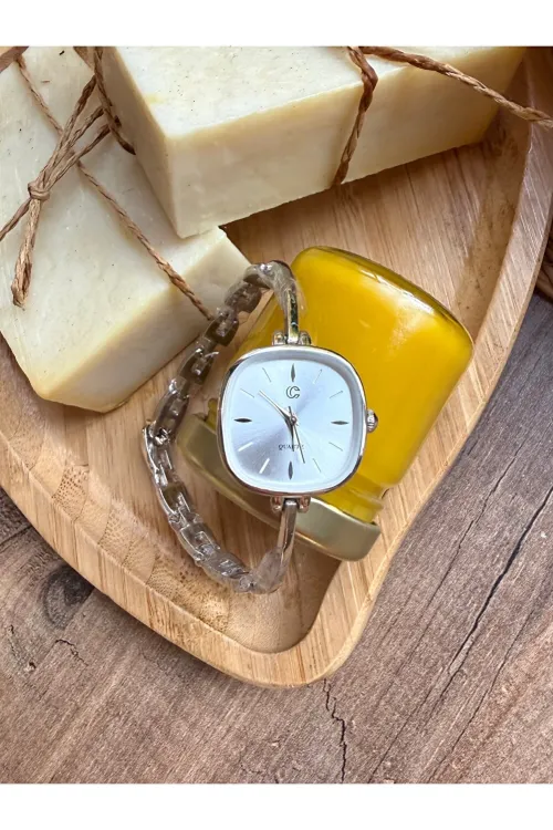 Vintage Kare Gümüş İçi Beyaz Kadın Kol Saati