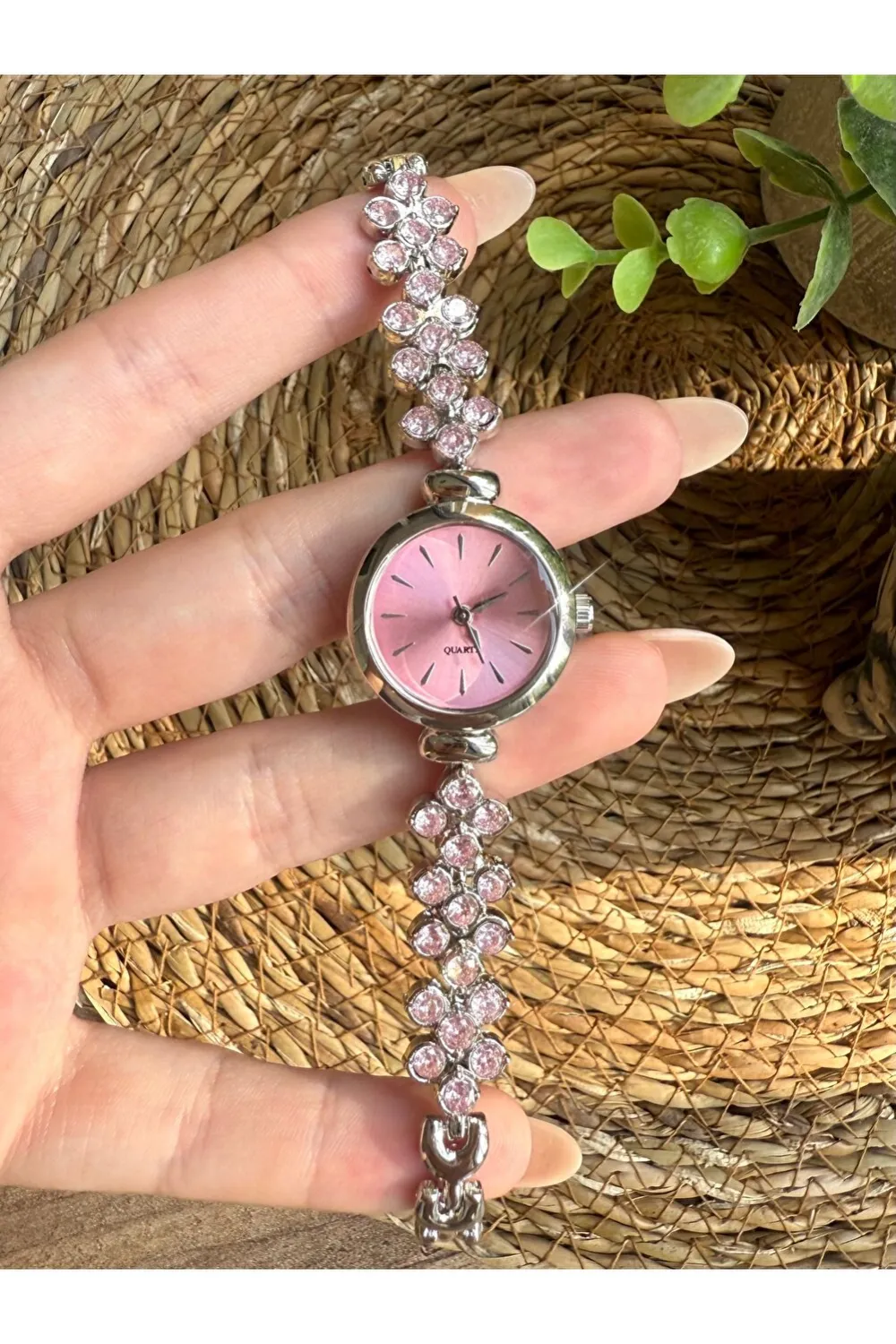 Yuvarlak İçi Pembe, Pembe Taşlı Şık Gümüş Kadın Kol Saati — görsel 5
