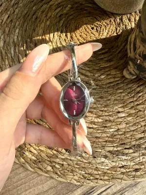 Vintage Gümüş İçi Bordo Kadın Kol Saati