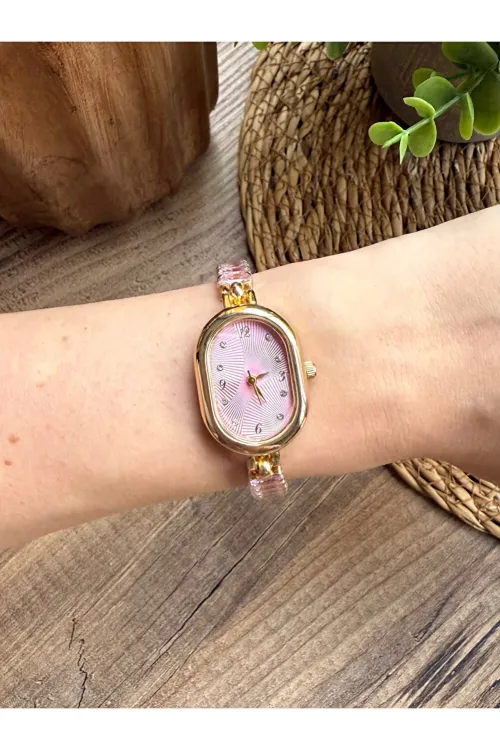 Vintage Kristal Kesme Taşlı Pembe Kadın Kol Saati