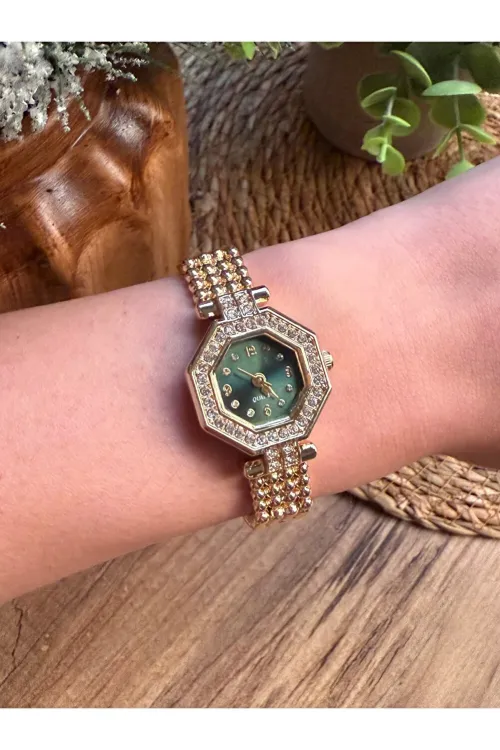 Vintage Taşlı Gold İçi Yeşil Kadın Kol Saati