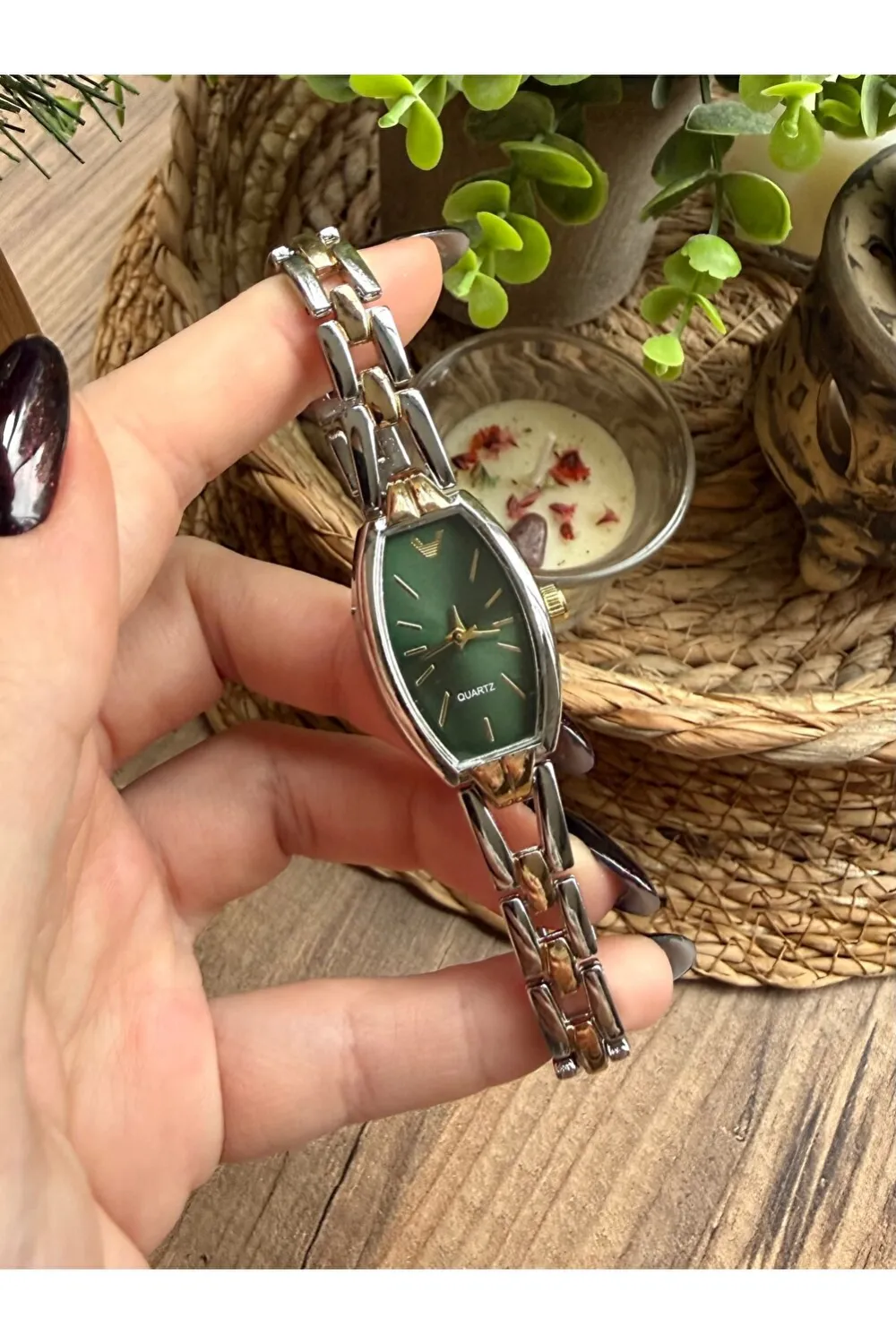 Vintage Dikdörtgen Gold - Gümüş İçi Yeşil Kadın Kol Saati — görsel 6