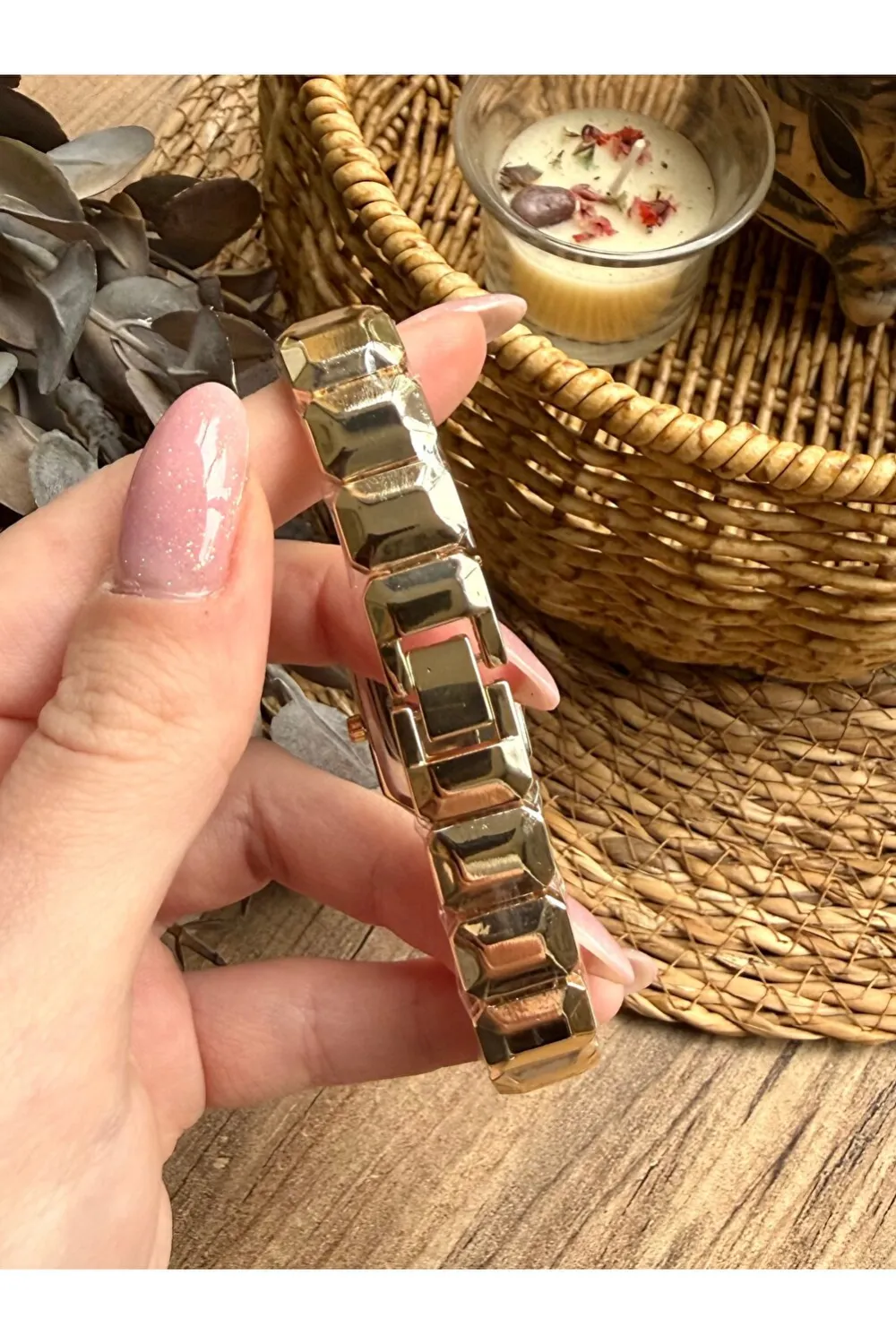 Dikdörtgen Gold İçi Yeşil Kadın Kol Saati — görsel 6