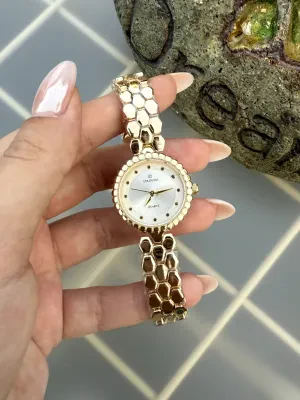 Vintage Yuvarlak Gold İçi Beyaz Kadın Kol Saati
