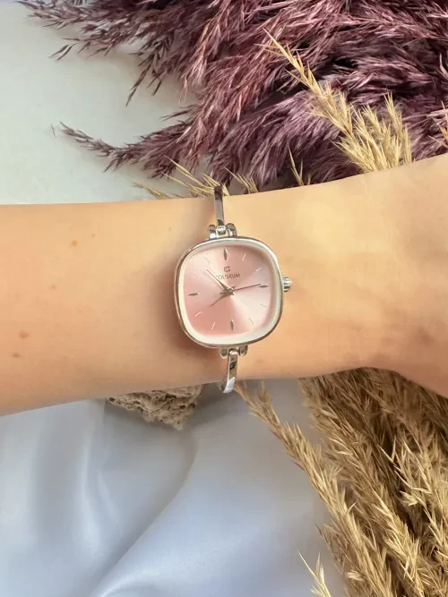 Vintage Kare Gümüş İçi Pembe Kadın Kol Saati