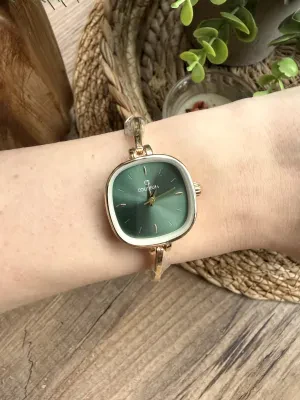 Vintage Kare Gold İçiYeşil Kadın Kol Saati