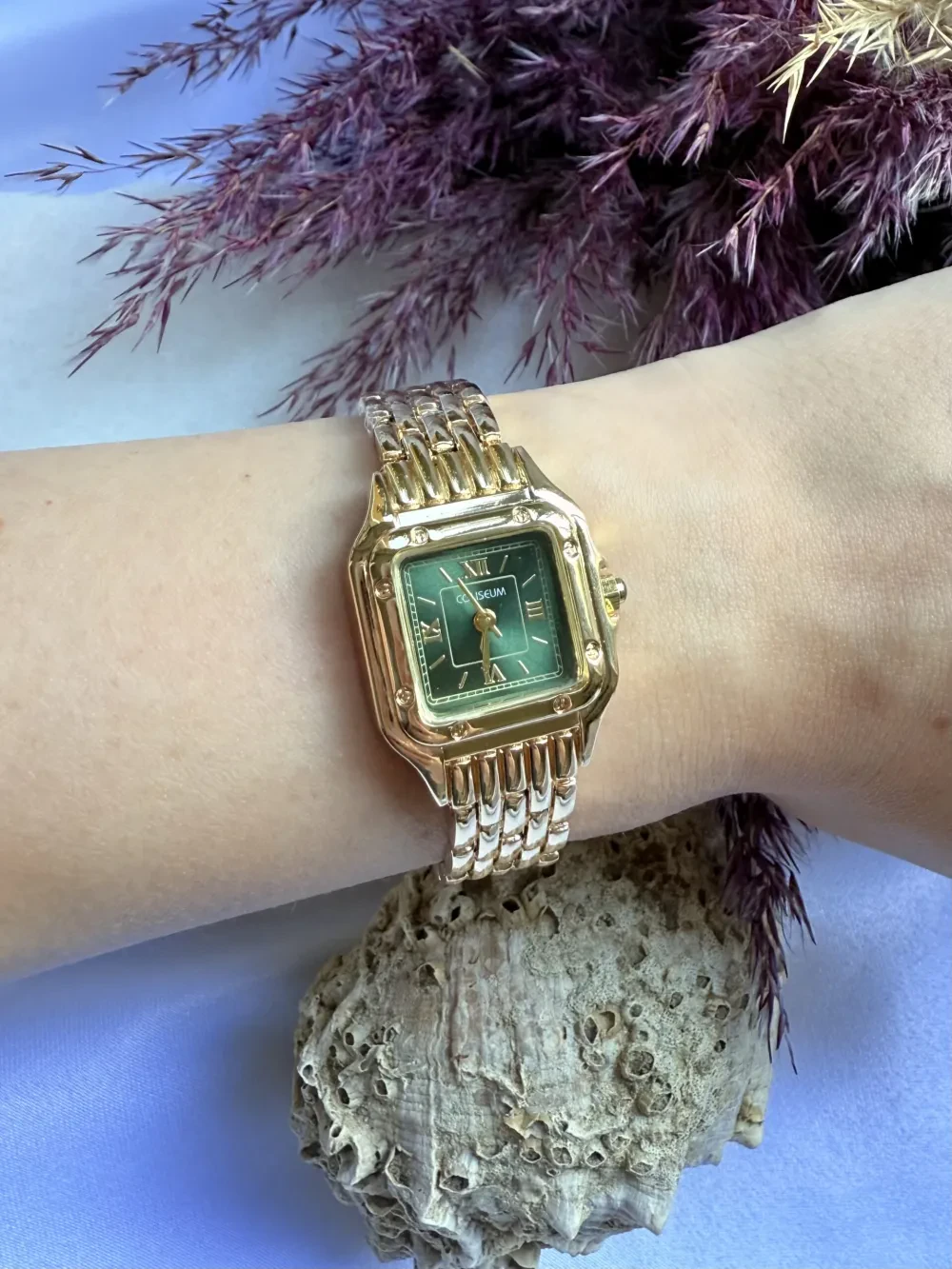 Retro Vintage Kare Roma Rakamlı Gold İçi Yeşil Kadın Kol Saati