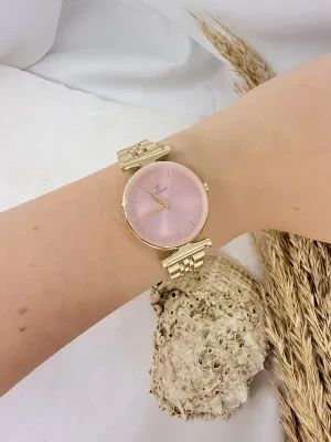 Yuvarlak Gold İçi Pembe Kadın Kol Saati