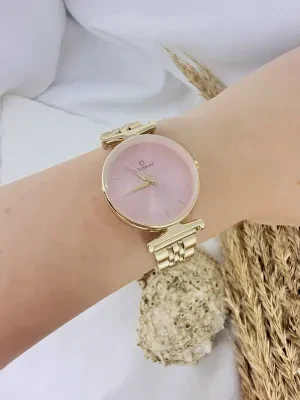 Yuvarlak Gold İçi Pembe Kadın Kol Saati