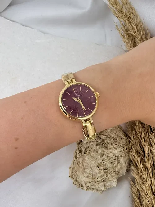 Yuvarlak Zincir Kordon Vintage Gold İçi Bordo Kadın Kol Saati
