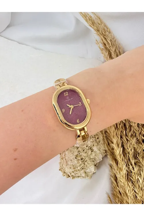 Oval Vintage Gold İçi Bordo Kadın Kol Saati
