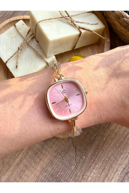 Vintage Kare Gold İçi Pembe Kadın Kol Saati