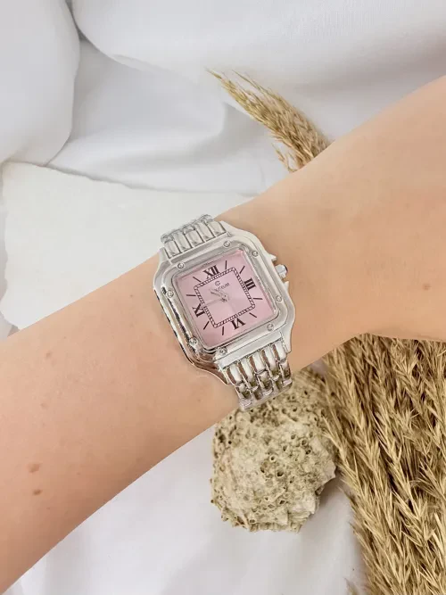 Retro Vintage Kare Roma Rakamlı Gümüş İçi Pembe Kadın Kol Saati