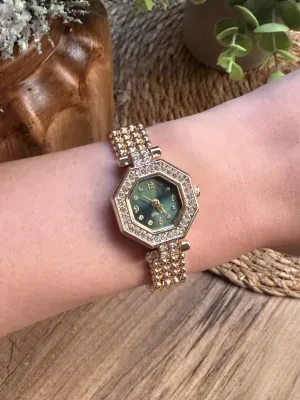 Vintage Taşlı Gold İçi Yeşil Kadın Kol Saati