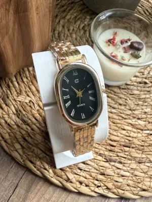 Oval Gold İçi Siyah Kadın Kol Saati