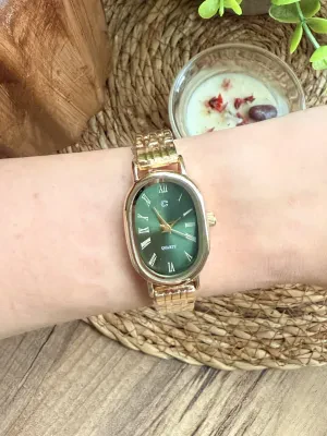Oval Gold İçi Yeşil Kadın Kol Saati