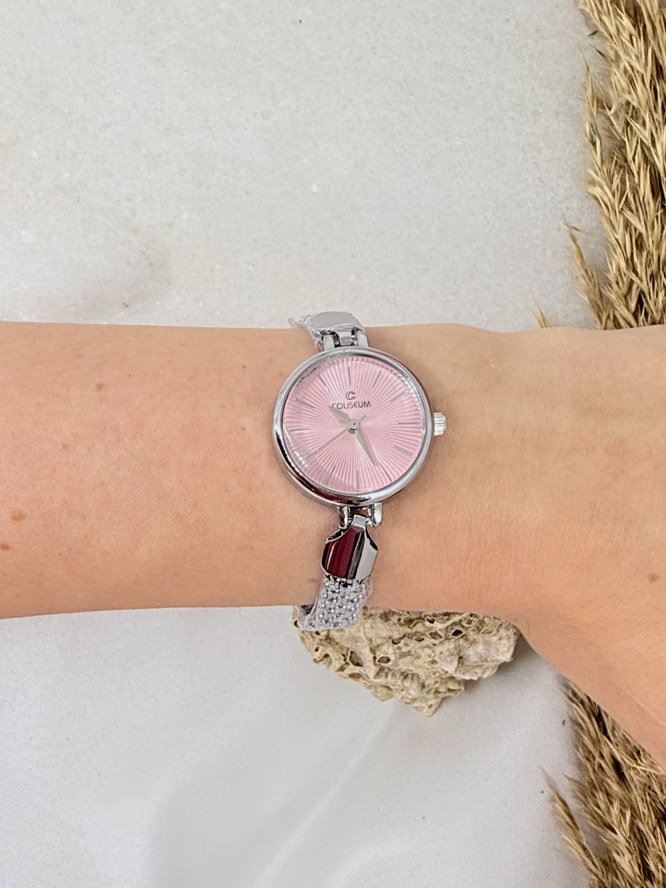 Yuvarlak Zincir Kordon Vintage Gümüş İçi Pembe Kadın Kol Saati